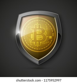 Protect HUD bitcoin. Digital shield currency money. Safe technology microchip mining worldwide network. Web banner bitcoin shield background microchip Physical protected bit coin Cryptocurrency shield