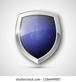 Protect HUD bitcoin. Digital shield currency money. Safe technology microchip mining worldwide network. Web banner bitcoin shield background microchip Physical protected bit coin Cryptocurrency shield