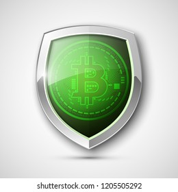 Protect HUD bitcoin. Digital shield currency money. Safe technology microchip mining worldwide network. Web banner bitcoin shield background microchip Physical protected bit coin Cryptocurrency shield