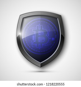 Protect HUD bitcoin. Digital shield currency money. Safe technology microchip mining worldwide network. Web banner bitcoin shield background microchip Physical protected bit coin Cryptocurrency shield