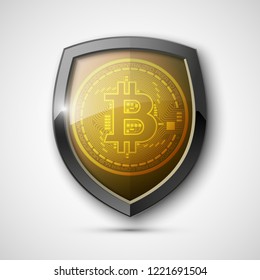 Protect HUD bitcoin. Digital shield currency money. Safe technology microchip mining worldwide network. Web banner bitcoin shield background microchip Physical protected bit coin Cryptocurrency shield