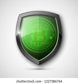 Protect HUD bitcoin. Digital shield currency money. Safe technology microchip mining worldwide network. Web banner bitcoin shield background microchip Physical protected bit coin Cryptocurrency shield