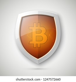 Protect HUD bitcoin. Digital shield currency money. Safe technology microchip mining worldwide network. Web banner bitcoin shield background microchip Physical protected bit coin Cryptocurrency shield