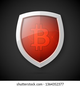 Protect HUD bitcoin. Digital shield currency money. Safe technology microchip mining worldwide network. Web banner bitcoin shield background microchip Physical protected bit coin Cryptocurrency shield
