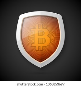 Protect HUD bitcoin. Digital shield currency money. Safe technology microchip mining worldwide network. Web banner bitcoin shield background microchip Physical protected bit coin Cryptocurrency shield