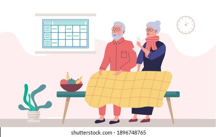 Protect human health. Elderly couple resting sitting with plaid on bench. Man and woman in blanket, treated at home sitting on couch. People with angina spend time together, take medication for virus