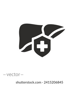 protect human liver icon, save liver, medical shield, hepatoprotector concept, flat symbol on white background - vector illustration