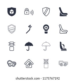 Protect icon. collection of 16 protect filled and outline icons such as baby seat in car, welding glasses, shield. editable protect icons for web and mobile.