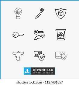 Protect icon. collection of 9 protect outline icons such as toothbrush, recycle bin, card protection, key, cargo insurance. editable protect icons for web and mobile.