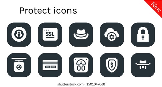 protect icon set. 10 filled protect icons.  Collection Of - Shield, Ssl, Hat, Cloud storage, Padlock, Scale, Key card