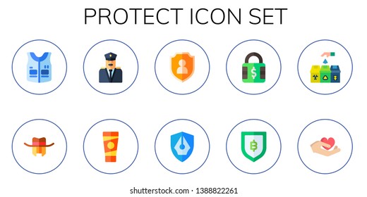 protect icon set. 10 flat protect icons.  Simple modern icons about  - armor, hat, security, sun lotion, shield, safety, recycle bin, care