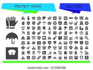  protect icon set. 120 filled protect icons. Simple modern icons about  - Gloves, Scale, Umbrella, Police car, Floss, Hat, Helmet, Eye scan, Safe box, Life, Cloud storage, Seat