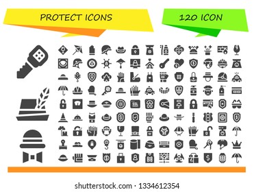 protect icon set. 120 filled protect icons.  Collection Of - Key, Hat, Fragile, Umbrella, Gloves, Helmet, Padlock, Scale, Tooth Brush, Shield, Firewall, Eye scan, Vpn, Shelter