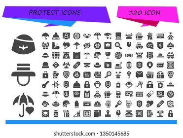 protect icon set. 120 filled protect icons.  Collection Of - Hat, Umbrella, Padlock, Shield, Gum shield, Dust, Scale, Gloves, Ultraviolet, Shelter, Care, Seat, Helmet, Eye scan