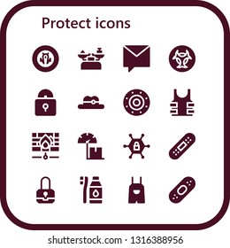 protect icon set. 16 filled protect icons.  Simple modern icons about  - Shield, Scale, Private message, Biohazard, Padlock, Hat, Bulletproof, Firewall, Vpn, Bandage, Tooth Brush