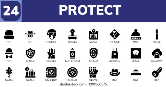 protect icon set. 24 filled protect icons.  Collection Of - Hat, Helmet, Scales, Scale, Fragile, Floss, Shield, Gloves, Sun cream, Overall, Security, Safe box, Glove, Key
