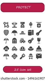 protect icon set. 25 filled protect icons.  Collection Of - Encryption, Eye scan, Scale, Shield, Umbrella, Hat, Bandages, Key, Helmet, Police car, Fragile, Security, Private message