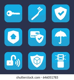 Protect icon. set of 9 filled protect icons such as toothbrush, key, cargo only in box allowed, cargo insurance, opened security lock, home security, shield, card protection