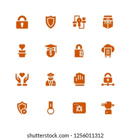 protect icon set. Collection of 16 filled protect icons included Key, Infected, Key chain, Shield, Padlock, Gloves, Security, Give love, Cloud data, Hat, Charity, Helmet, Secure