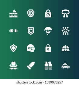 protect icon set. Collection of 16 filled protect icons included Police car, Vest, Condom, Hat, Helmet, Padlock, Shield, Umbrella, Police badge, Seat belt, Belt, Padlocks, Firewall