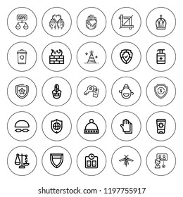 Protect icon set. collection of 25 outline protect icons with apron, antiseptic, bug, charity, gdpr, gloves, goggles, inner circle, hat, firewall, key icons. editable icons.