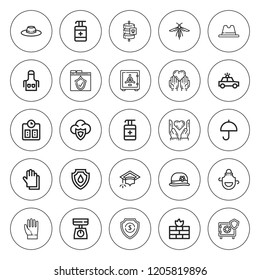 Protect icon set. collection of 25 outline protect icons with antiseptic, apron, bug, charity, data protection, gloves, hat, firewall, police car, scale icons. editable icons.