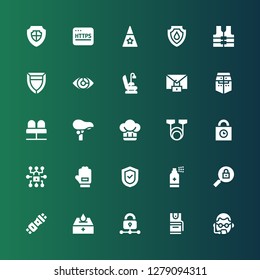 protect icon set. Collection of 25 filled protect icons included Bodyguard, Pepper spray, Padlock, Donation, Seat belt, Antiseptic, Shield, Glove, Padlocks, Resistance, Hat, Seat