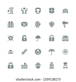 protect icon set. Collection of 25 filled protect icons included Hat, Seat, Helmet, Firewall, Padlock, Antivirus, Umbrella, Vest, Seat belt, Unlock, Shield, Glove, Secure, Headgear