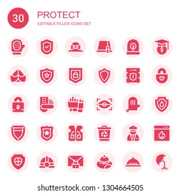 protect icon set. Collection of 30 filled protect icons included Glove, Shield, Hat, Incubator, Security, Data protection, Padlock, Gloves, Eye scan, Police badge, Vest, Recycling bin