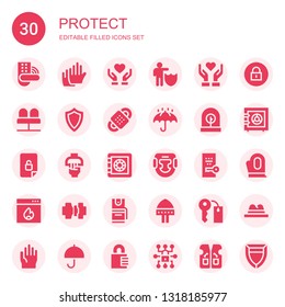 protect icon set. Collection of 30 filled protect icons included Padlock, Gloves, Donate, Protection, Give love, Seats, Shield, Bandage, Umbrella, Incubator, Unlocked, Handle