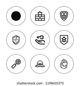 Protect icon set. collection of 9 outline protect icons with antivirus, bug, charity, hat, firewall, key, recycle bin icons. editable icons.