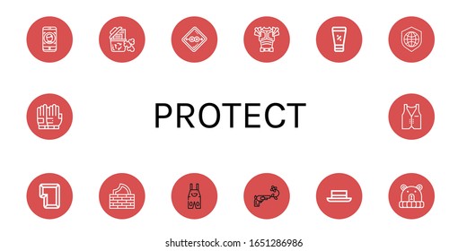 Icon-Set schützen. Kollektion von Gesichtsid, Papierkorb, Kondom, Rüstungen, Sonnenschutz, Schild, Schlüssel, Firewall, Allgemein, Gewehr, Hut, Handschuhe, Vektorsymbole