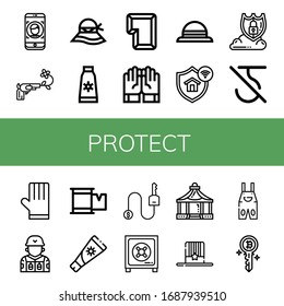 protect icon set. Collection of Face id, Gun, Hat, Sun cream, Key, Gloves, Protection, Data protection, Do not use hook, Soldier, Plaster, Safe box, Shelter, Overall icons