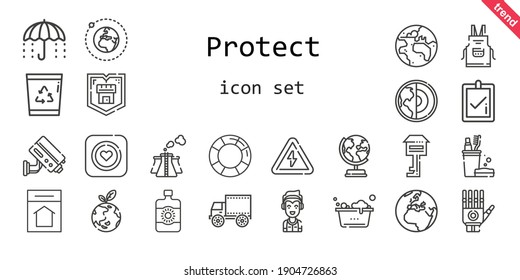 protect icon set. line icon style. protect related icons such as sun lotion, shield, correct, marshall, umbrella, earth globe, lifesaver, high voltage, toothbrush, apron, cctv, pollution, home
