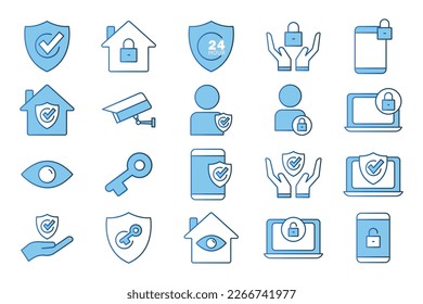 Symbol-Set schützen. -Symbol in Bezug auf die Sicherheit. Stil der flachen Linien. Einfaches Vektordesign bearbeitet