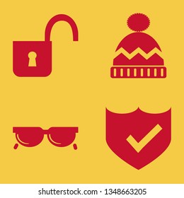 protect icon set with sunglasses, winter hat and shield check vector illustration