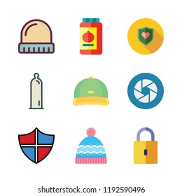 protect icon set. vector set about shutter, shield, condom and padlock icons set.