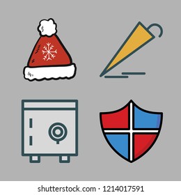protect icon set. vector set about shield, umbrella, safebox and winter hat icons set.