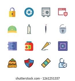 protect icon set. vector set about shield, winter hat, cap and shutter icons set.