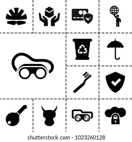 Protect icons. set of 13 editable filled protect icons such as toothbrush, recycle bin, welding glasses, shield, helmet, cloud protection, man holding globe, key