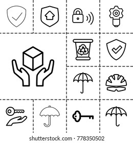 Protect icons. set of 13 editable outline protect icons such as key, umbrella, recycle bin, shield, gear keyhole, handle with care, security lock, home security, helmet