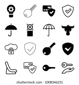 Protect icons. set of 16 editable filled and outline protect icons such as card protection, key, umbrella, baby seat in car, shield, cloud protection, key on hand, helmet