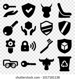Protect icons. set of 16 editable filled protect icons such as baby seat in car, toothbrush, recycle bin, key, shield, helmet, gear keyhole, handle with care, security lock