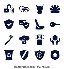 protect icons set. Set of 16 protect filled icons such as baby seat in car, toothbrush, recycle bin, welding glasses, handle with care, cargo only in box allowed