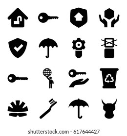 Protect icons set. set of 16 protect filled icons such as umbrella, toothbrush, recycle bin, key, handle with care, cargo only in box allowed, home lock, home security, helmet