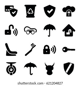 Protect icons set. set of 16 protect filled icons such as umbrella, baby seat in car, toothbrush, recycle bin, key, welding glasses, home lock, security lock