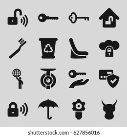 Protect icons set. set of 16 protect filled icons such as baby seat in car, toothbrush, recycle bin, key, home lock, security lock, opened security lock, spy camera