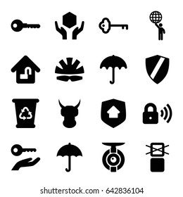 Protect icons set. set of 16 protect filled icons such as umbrella, recycle bin, key, handle with care, cargo only in box allowed, home lock, security lock, home security