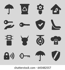 Protect icons set. set of 16 protect filled icons such as umbrella, baby seat in car, recycle bin, key, cargo only in box allowed, home lock, security lock, spy camera
