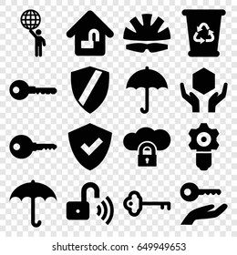 Protect icons set. set of 16 protect filled icons such as recycle bin, key, handle with care, home lock, opened security lock, helmet, man holding globe, key on hand